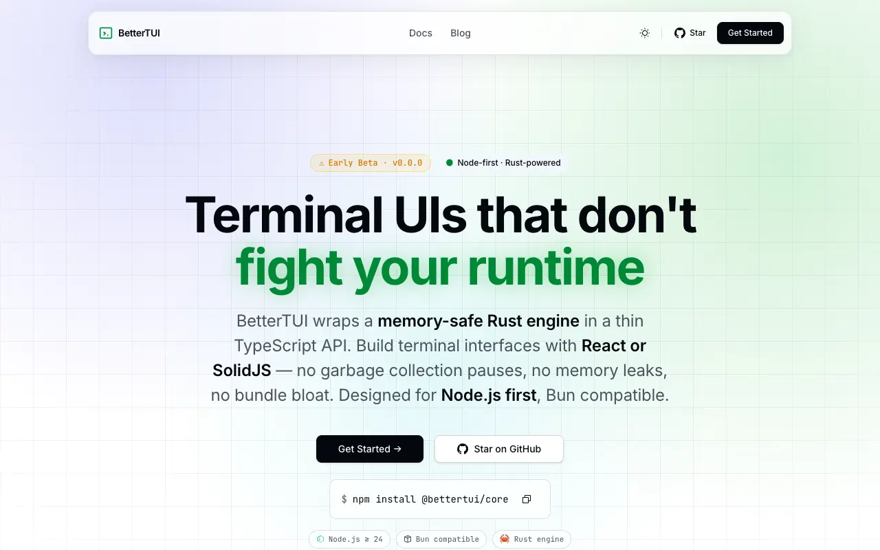 BetterTUI — landing page screenshot